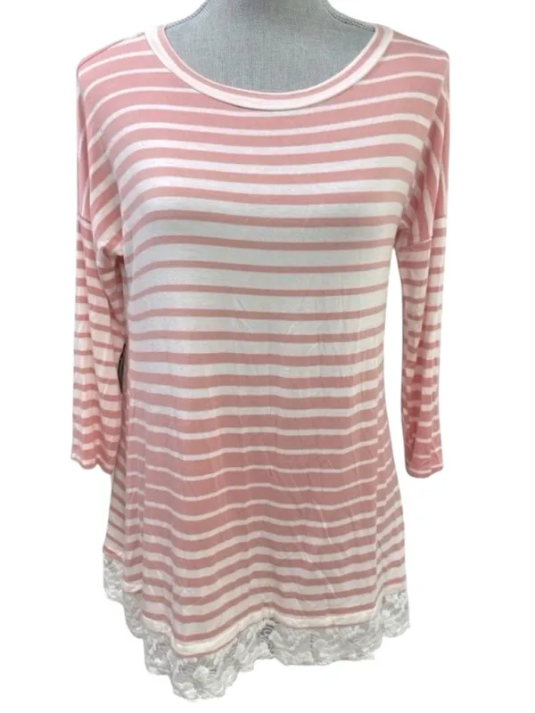 Pinkblush Pink White Striped Lace Hem Tunic Top Size Small 3/4 Sleeve - Image 2