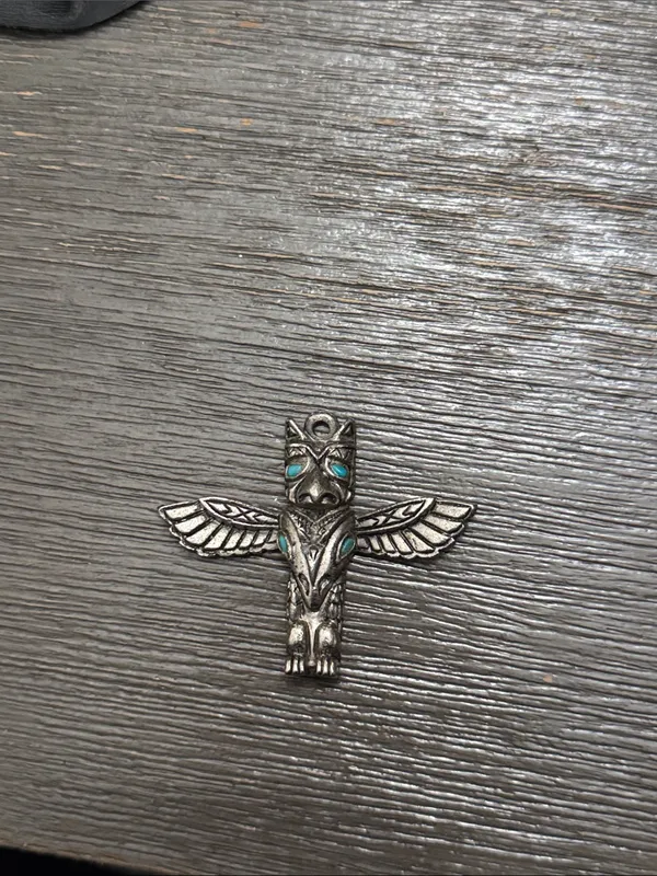 Vtg 70's MCM Stainless Steel Western Native Bird Totem Faux Turquoise Pendant - Image 2