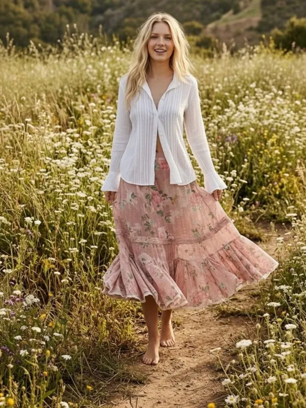 Free People Ethereal Dainty Cottage Bordeaux Floral Maxi Skirt Size Medium - Image 2