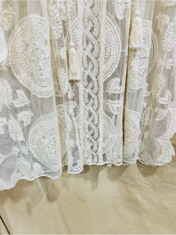 Cream Lace Crochet Kimono Cover Up Beach Swim Tassel Tie Sheer Embroidered OS - Image 4