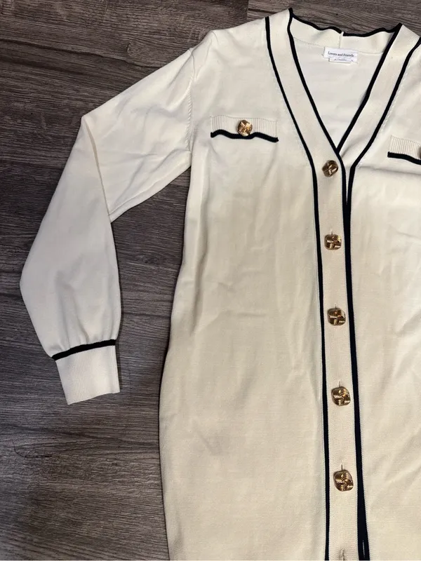 Lovers + Friends XS Cream Black Trim Gold Button Cardigan Sweater Dress - Image 4