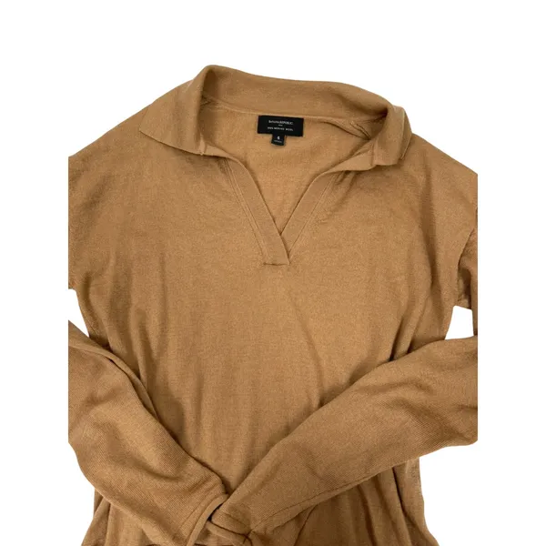 Banana Republic 100%‎ Wool Sweater Women Small Tan Collared V Neck Lightweight - Image 3