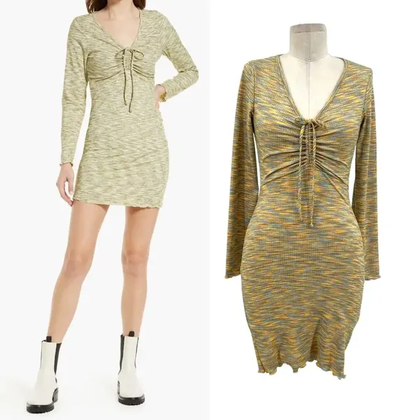 Lisa Says Gah Lotta Long Sleeve Ribbed Space Dye‎ Minidress In Honeydew Size XS - Image 2