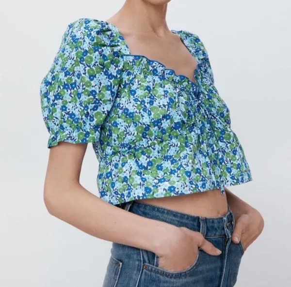 Zara Floral Peasant Ruffle Cropped Top - Image 6