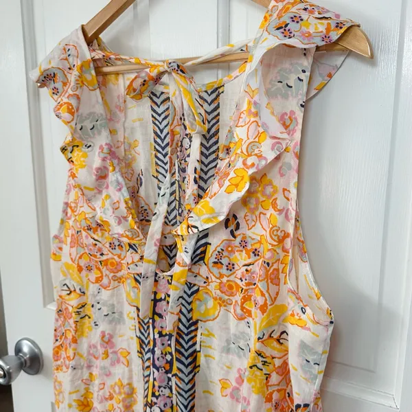 Free People Summer In Tulum Linen Mini Dress Tunic Ivory Floral Size M - Image 5