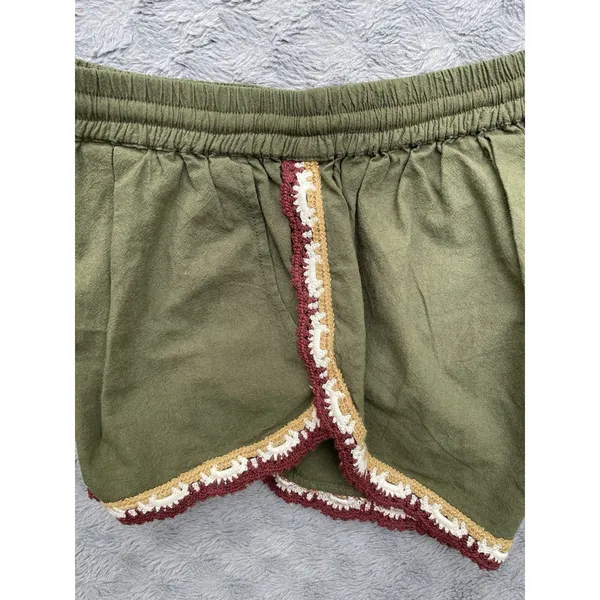 Free People Coastal Cruise Olive Green Crochet Trim Boho Pull On Shorts S/M NWT - Image 17