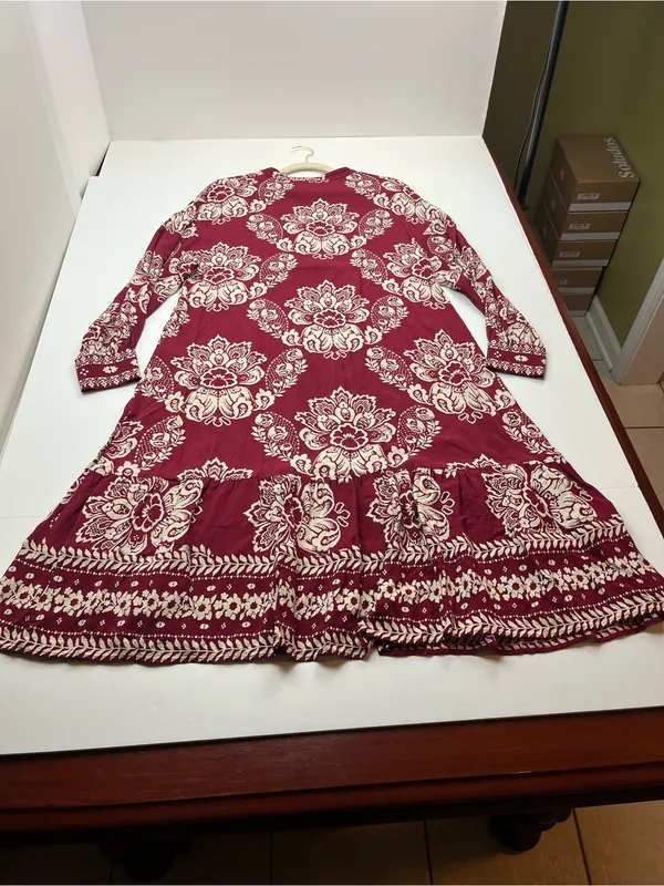 Sézane Boheme Burgundy Red Cream Boho Floral Long Sleeve Midi Maxi Dress‎ Medium - Image 10