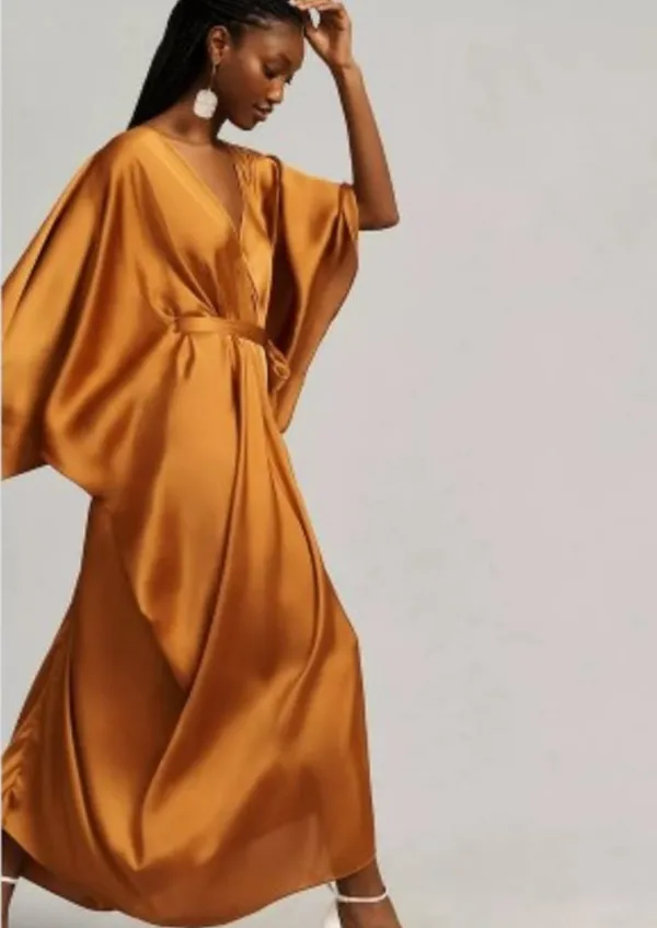 Anthropologie Dress Kaftan Satin Tie Front Gold - Image 6