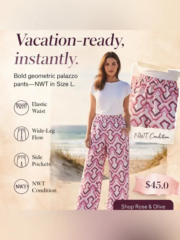 Rose + Olive Pink Geometric Wide Leg Flowy Palazzo Silky Pants L Coastal Resort - Image 13