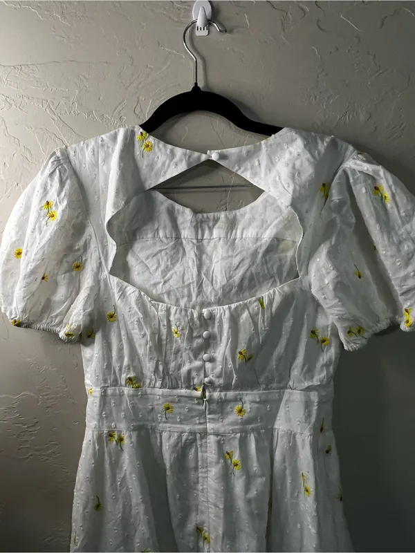 For Love & Lemons Abby White Yellow Floral Embroidered Open Back Mini Dress - Image 7