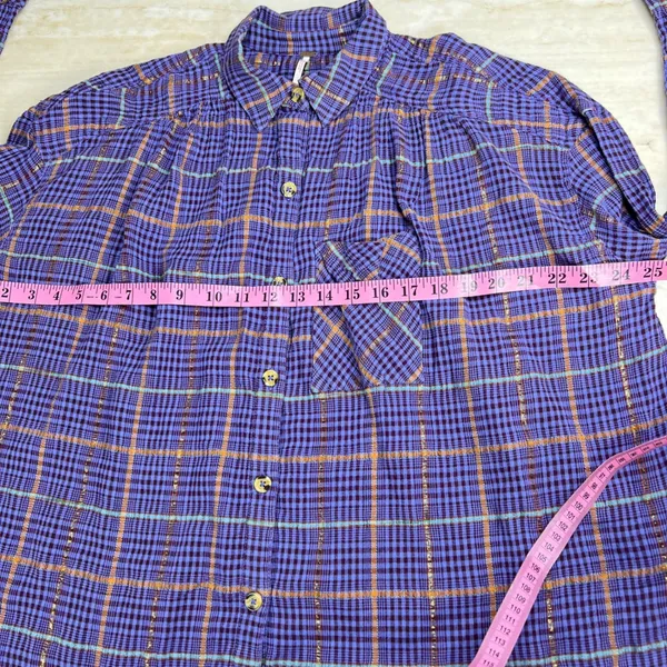 Free People Purple Plaid Metallic Button Down Shirt Womens Small Oversized Top - Image 9
