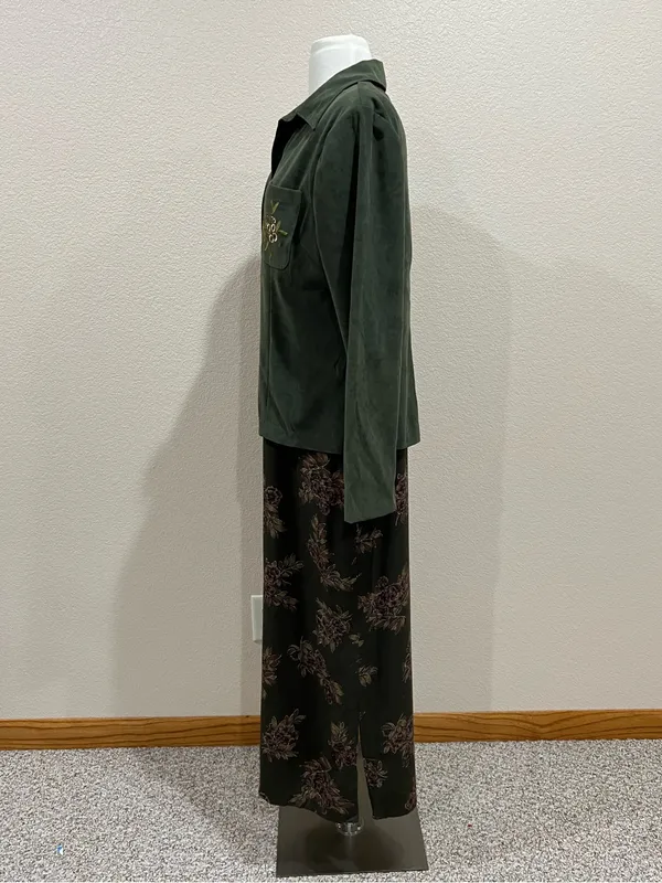 Erika Vintage 90s Two Piece Set Olive Green Floral Maxi Dress & Shacket Sz Small - Image 7