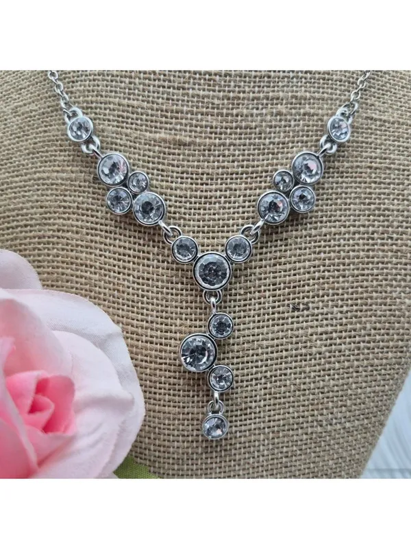 Crystal Y Drop Necklace Silver Tone Chain Formal Jewelry 19" - Image 3