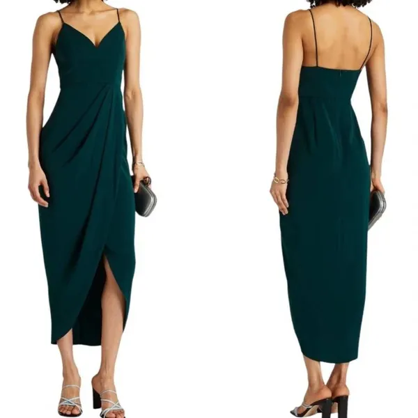 Shona Joy Core Cocktail Draped Midi Dress Emerald Green Wedding Guest Size 8 US - Image 2