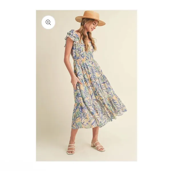 &merci Love Forever Floral Print Cut Out‎ Back Midi Dress Blue Multi M - Image 4