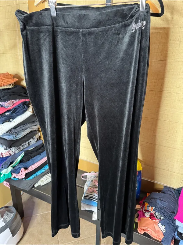 Juicy Couture Black Velour Wide Leg Lounge Pants Rhinestone Logo XL Y2K - Image 5