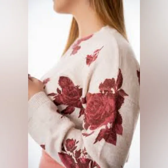Altar’d State tan & maroon large floral puff sleeve sweater - Image 2