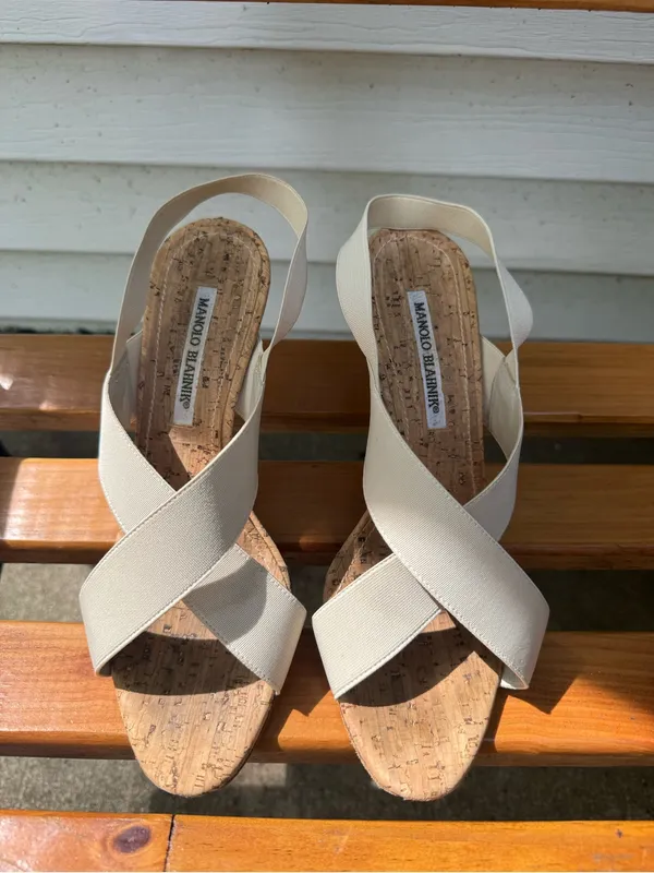 Manolo Blahnik Cork Kitten Heel Elastic Strap Sandals Carrie Bradshaw Women’s - Image 2