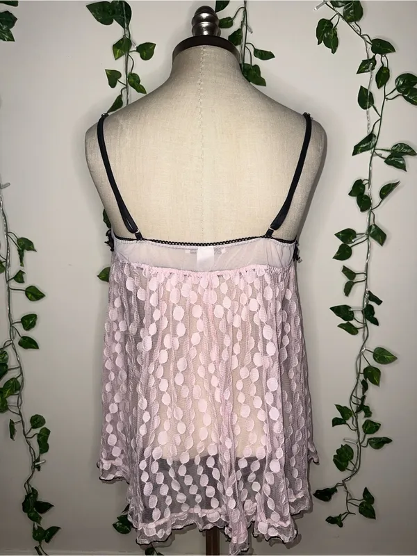 Linea Donatella Y2K Babydoll Lingerie Top Pink Sheer Flowy Black Bows Baby Pink - Image 2