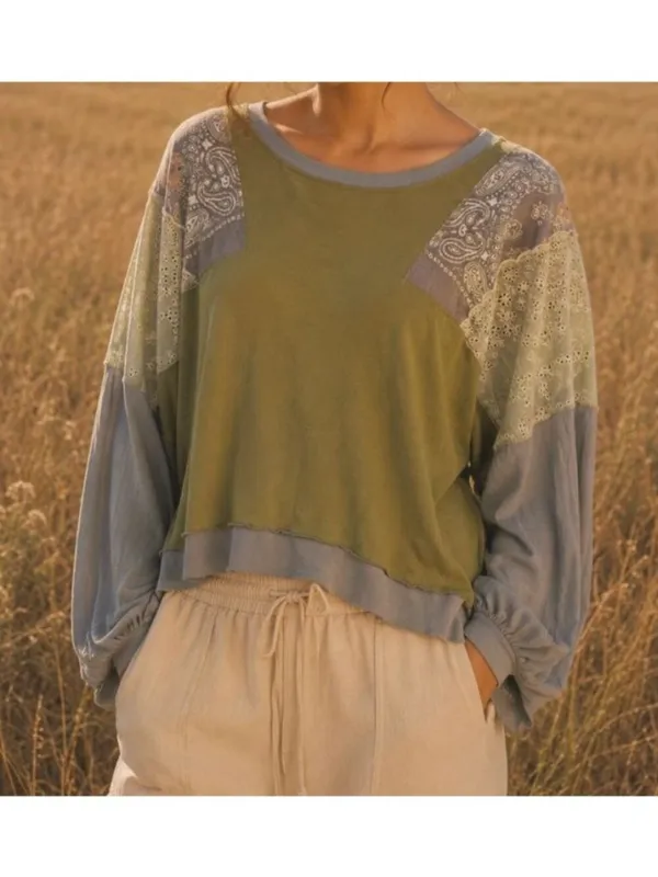 Free People We The Free Feelin It Tee Army Combo Patchwork Boho Oversize Top XS - Image 2