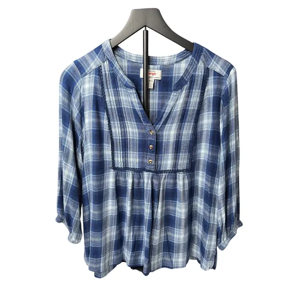 Wrangler Blue White Black Plaid Pintuck Blouse Western Boho Size Medium - Image 5