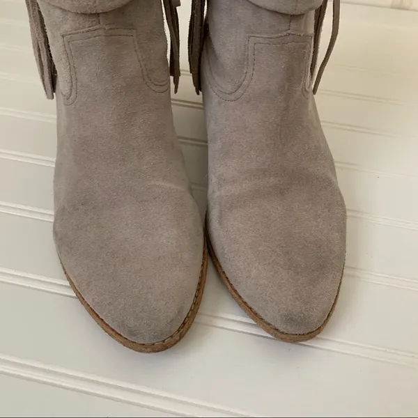 Joie Taupe Suede Fringe Western Ankle Boots Stacked Wood Block Heel 'Keaton' - Image 2