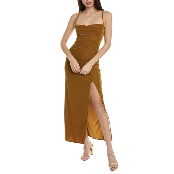 $426 Staud Women's Brown Bellamy Lace-Up Back Velvet Midi Dress Size Small - Image 4