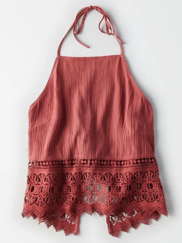 American Eagle XS Dusty Rose Crochet Lace Halter Crop Top Boho - Image 4