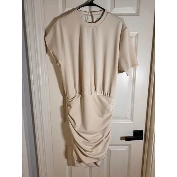 Abercrombie & Fitch Cream Ruched Mini Dress‎ Short Sleeve MT Tall Crew Neck - Image 2