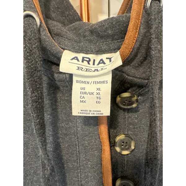 Ariat Re-AL Womens XL Charcoal elevated Henley Hoodie Faux Suede Trim Pullover - Image 5
