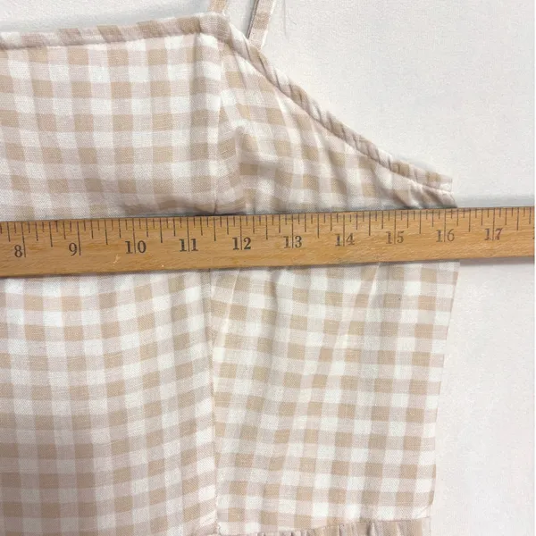 Gingham Midi Dress‎ Womens L Beige White Cotton Linen Blend Boho Cottage Summer - Image 3