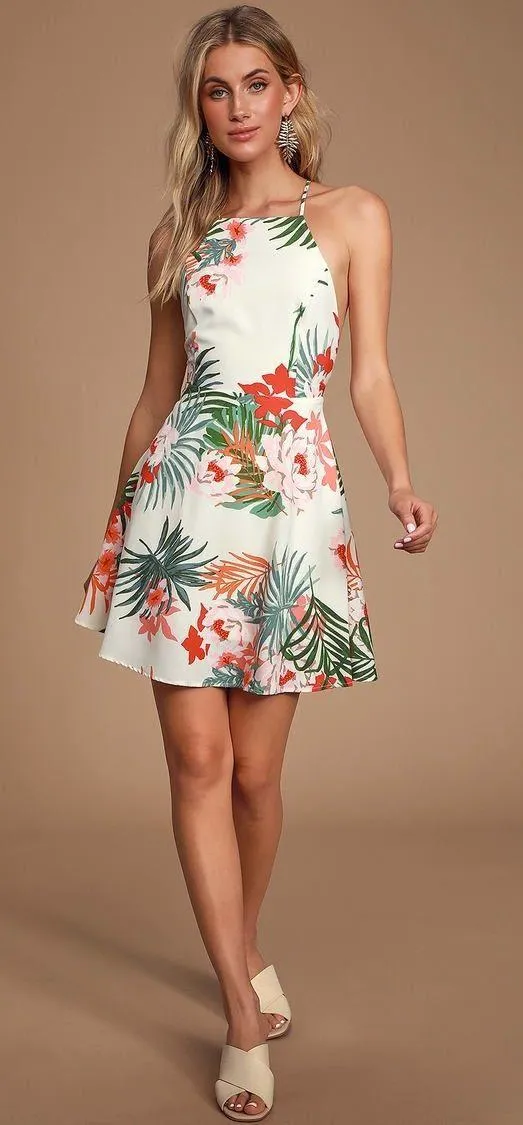 Lulus Tarynn Cream Tropical Print Backless Skater Dress - M - Image 2