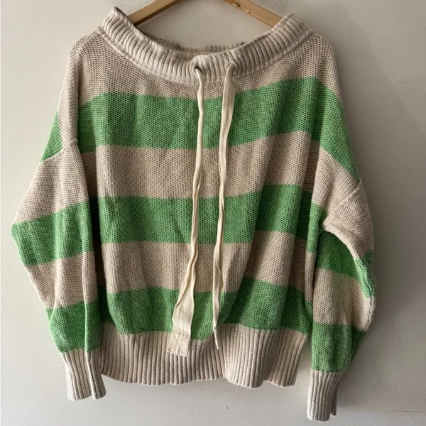 Free People Cassidy Off the Shoulder Pullover‎ Sweater Green Stripe Relaxed - Image 2