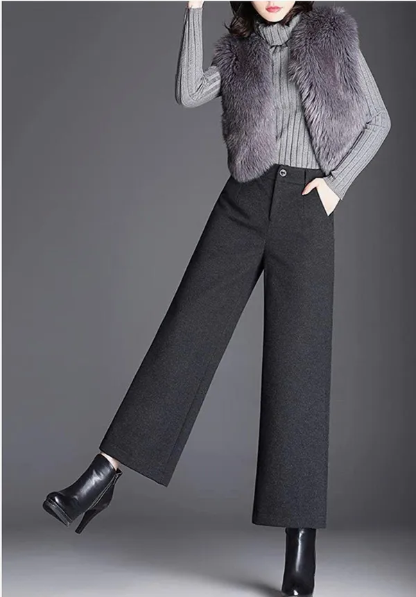 Tanming Women's Casual High Waist Trousers Wool Blend Cropped Wide Leg Pants - Image 2