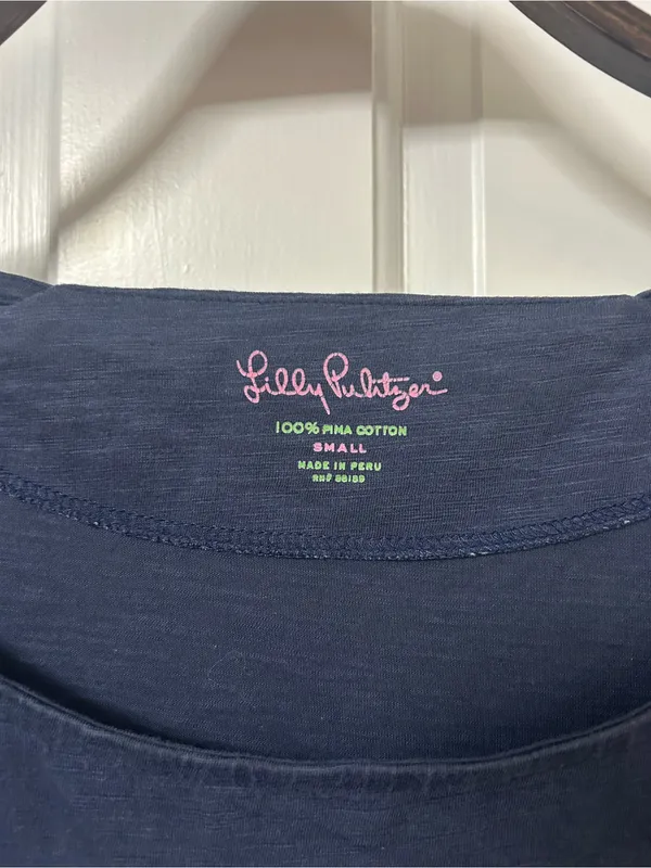 Lilly Pulitzer Navy Scoop Neck Tee with Pink Logo 3/4 Sleeves - Image 2