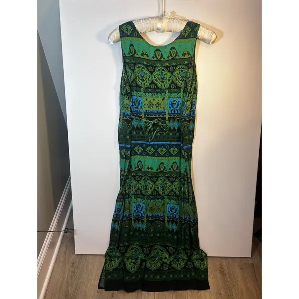 R&K Originals Size 18 Green Blue Black Geometric Scoop Neck Rayon Maxi Side Slit - Image 3