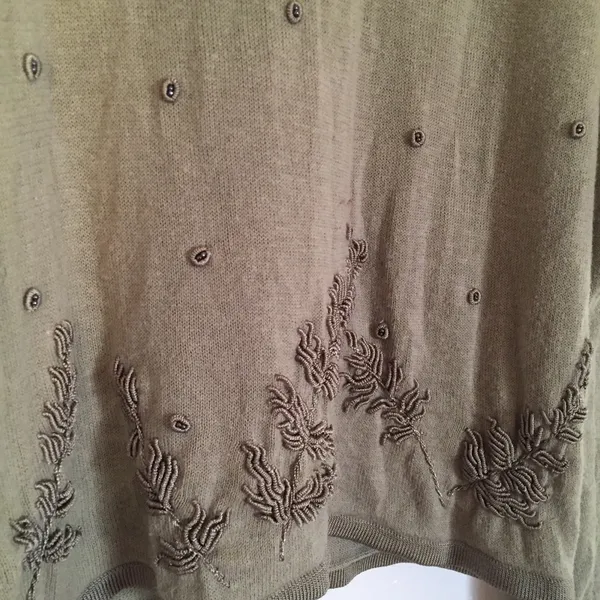 Olive green embroidered beaded detail sweater size small | Kathie Lee Collection - Image 3