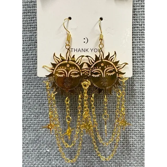 Gold Sun Face Dangle Earrings Celestial‎ Star Chain Drop Boho Jewelry new - Image 4