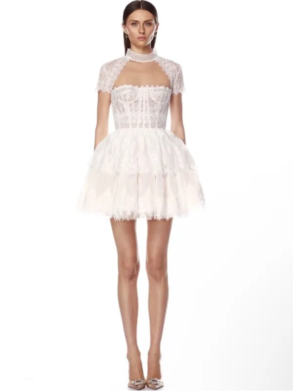 Bronx and Banco Daphne short sleeve White/ pink/ nude Lace Mini Dress S NEW - Image 5