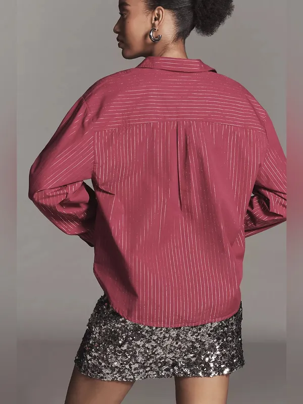 Anthropologie The Shrunken Bennet Lurex Stripe Buttondown Shirt by Maeve Size XL - Image 2
