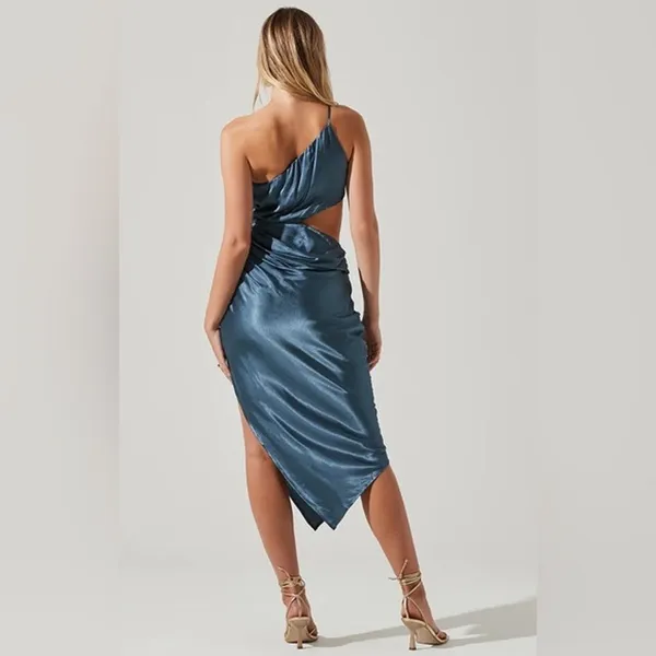 Astr The Label Martina Midi Dress Size Small Blue Satin Cut Out Draped Wedding - Image 15