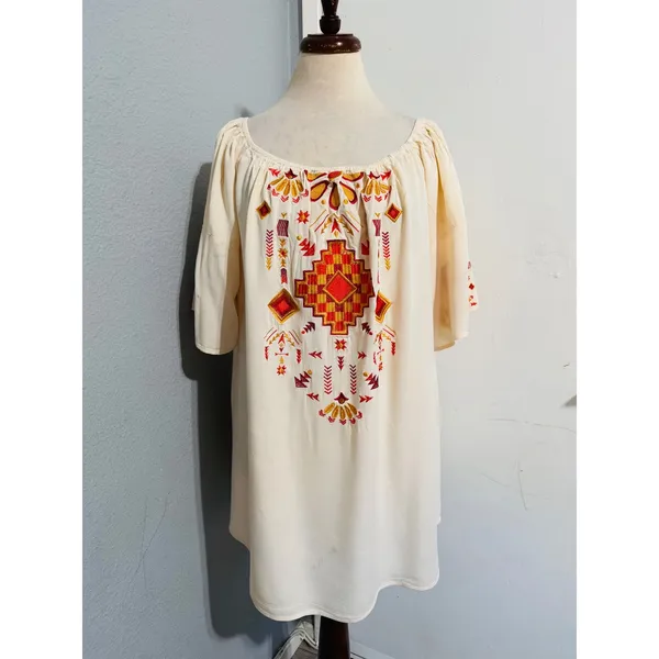 Lucky‎ & Blessed Cream Embroidered Off Shoulder Boho Western Dress Medium DR007 - Image 2