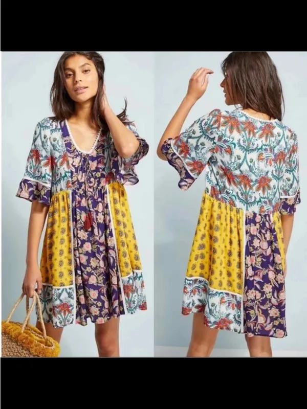 Anthropologie Lilka Patchwork Boho Mini Dress XS Floral Peasant Festival - Image 3