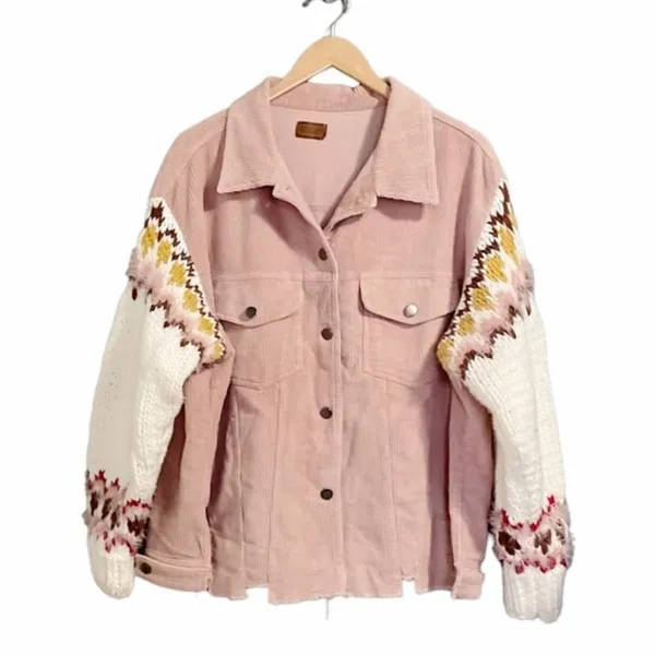 POL Jacket Sz Large Pink Corduroy Fair Isle Sweater Knit Sleeve Boho Trucker - Image 8