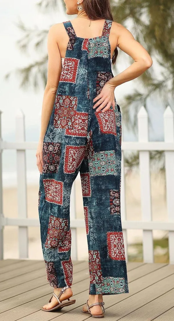 Himosyber Patchwork Jumpsuit Loose Floral Print Bohemian Wide Leg Overall 2XL - Image 5