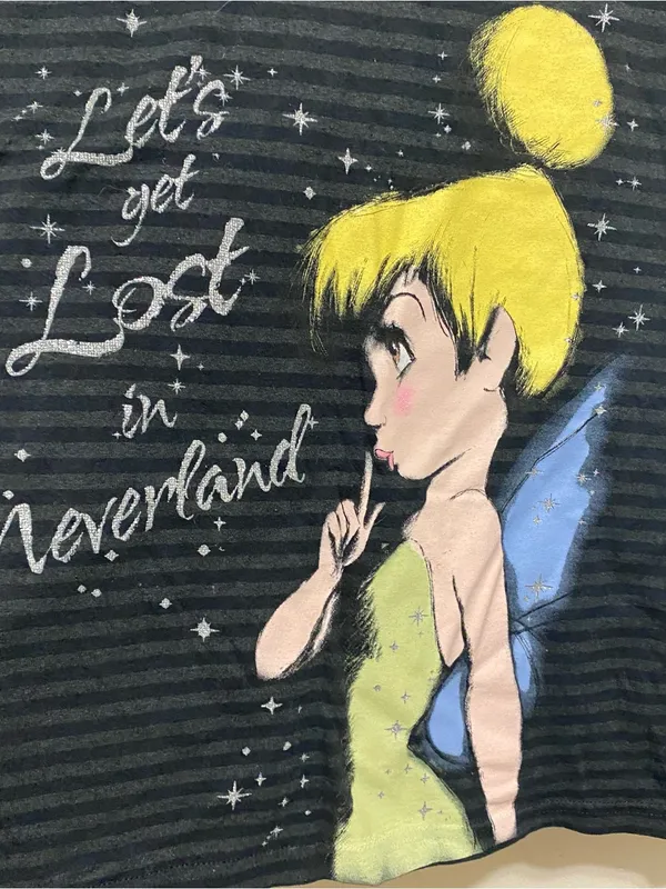 Disney Womens M Tinkerbell Tee T Shirt Let’s Get Lost In Neverland Black Stripes - Image 2