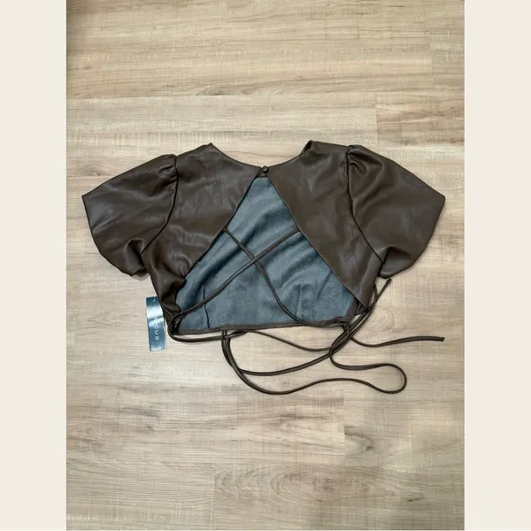 Faux Leather Brown Puff Sleeve Crop Top, NWT - Image 3