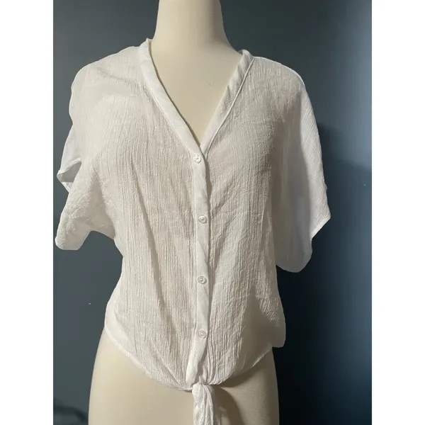 TIMING White Textured Button Front Tie Waist Dolman Sleeve Blouse Top Size S - Image 5