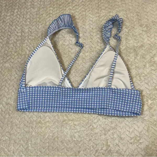 Aerie Pale‎ Blue Gingham Triangle Bikini Top Ruffle Sleeves Women Size Medium - Image 2