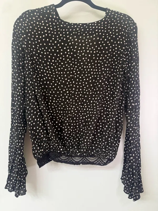Free People Black and White Polka Dot Long Sleeve Blouse Women size Small - Image 2